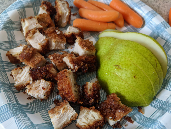 Fried Chicken Cutlet - AKA Mommy's Crispy Chicken - with Sliced Pear and Baby Carrots