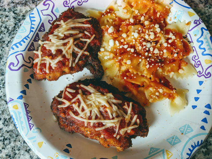 Chicken Parmesan with Sauce, Parmesan and Bowtie Pasta