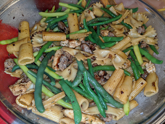 Delicious Chicken Sausage Pasta with Fresh Green Beans - the secret is deglazing all those delicious sausage brown bits stuck to the pan! (I used Marsala wine.)