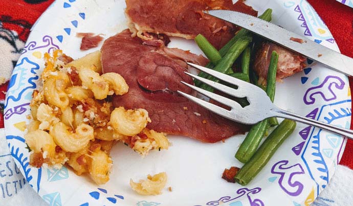 Picnic Platter - Ham and Homemade Macaroni and Cheese with Bacon Bits and Breadcrumb Topping, plus Fresh Green Beans