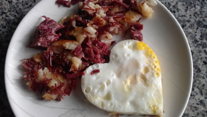 Homemade Corned Beef Hash with Fried Egg Heart